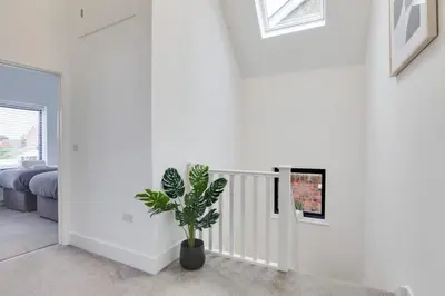 a potted plant in a white room with a fireplace at Surehaven Stays 4 Bedroom House Braintree in Braintree