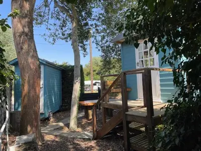 a blue house with a bench and a tree at Riverside Retreat in Little Baddow