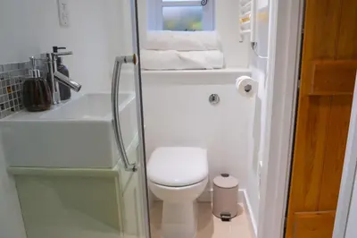 a small bathroom with a toilet and a shower at The Cotswold Luxe Cottage in Framlingham