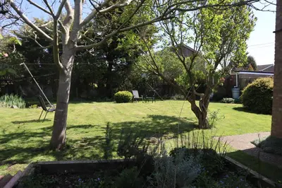 a yard with two trees and a swing at Comfortable Homestay by Earith Lakes in Earith