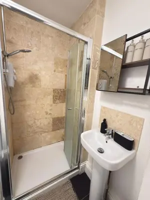 a bathroom with a shower and a sink at The Modern Nest By Cambridge Central Station in Cambridge