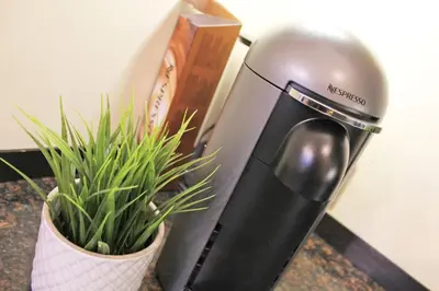 a coffee maker sitting next to a potted plant at Central 3 BR Home with Private Courtyard in Ely