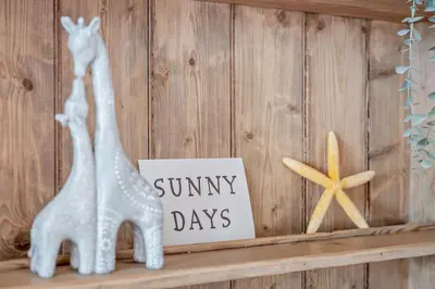 two giraffes sitting on a shelf next to a sign at 3 Bed in Felixstowe oc-s27808 in Felixstowe