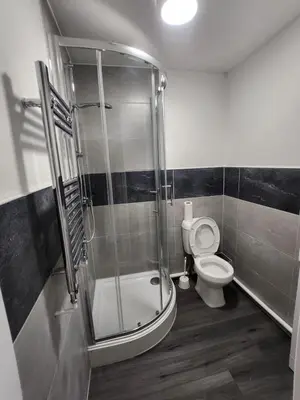 a bathroom with a shower and a toilet at Ensuite premier rooms in Basildon