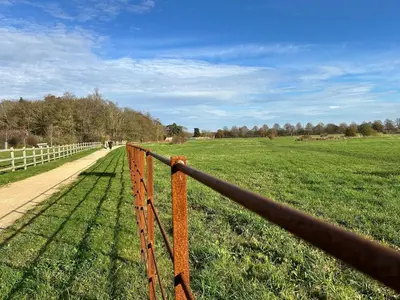a fence in the middle of a grass field at Modern Suite with a Queen Bed, Ensuite & Workspace in Chelmsford