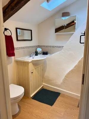 a bathroom with a sink and a toilet at Dog-friendly rural retreat in Bury Saint Edmunds