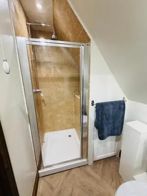 a bathroom with a shower and a toilet at The Barn at Catley Cross House in Little Maplestead