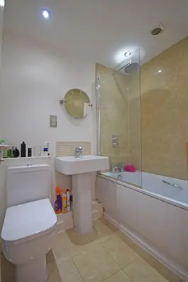 a bathroom with a toilet and a sink and a shower at Beautiful flat in a perfect location in Cambridge