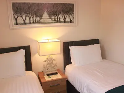 a bedroom with two beds and a lamp and a picture at The Dog Inn in Halstead