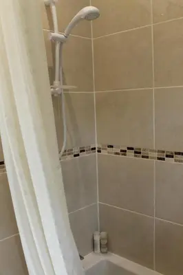 a bathroom with a shower with a bath tub at Pear Tree House Studio in Ely