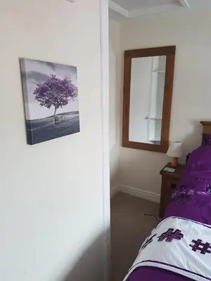 a bedroom with a purple bed and a mirror at Flint Cottage in Brandon