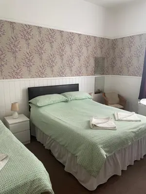 a bedroom with two beds with green sheets and pink wallpaper at Brunton House Guest House in Clacton-on-Sea