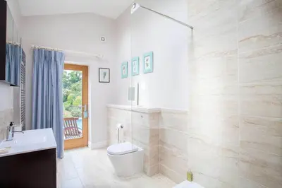 a bathroom with a toilet and a sink and a shower at Vicarage House & Pool House in Hockham