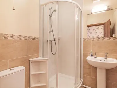 a bathroom with a shower and a sink at Punch Cottage in Little Glenham