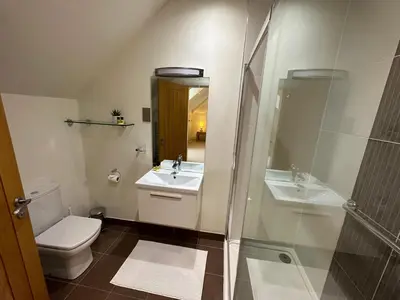 a bathroom with a toilet and a sink and a shower at Meadows Barn in Chelmsford