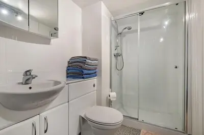 a bathroom with a toilet and a sink and a shower at Violet Cottage in Feltwell