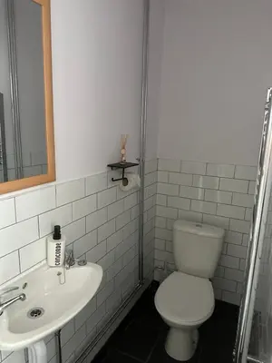 a bathroom with a toilet and a sink at Coach house hotel in Royston