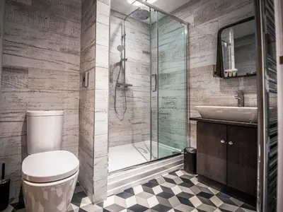 a bathroom with a shower and a toilet and a sink at The Royal Standard in Ely