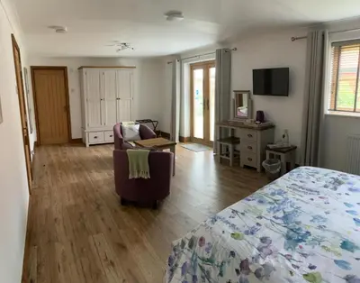 a bedroom with a bed and a desk and a chair at Grove Barn Bed and Breakfast in Harleston