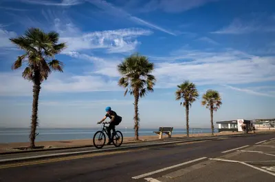 a man riding a bike down a street with palm trees at Southend Central Hotel - Close to Beach, City Centre, Train Station & Southend Airport in Southend-on-Sea