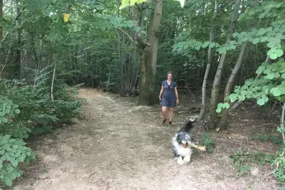 a woman and a dog walking down a trail at Brook Lodge in Colchester