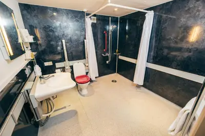 a bathroom with a toilet and a sink and a shower at The Auberge in Yaxley