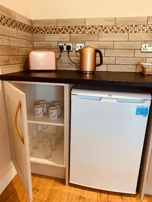 a kitchen with a white refrigerator under a counter at Plumptons Farm Holiday Lodges in Colchester