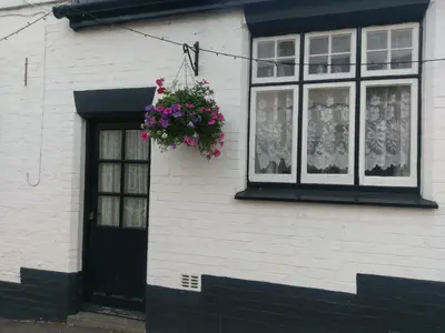 a white house with a black door and a hanging basket of flowers at The Rifle Volunteer in Ware