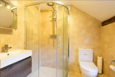 a bathroom with a shower and a toilet and a sink at Oak Cottage in Thorndon