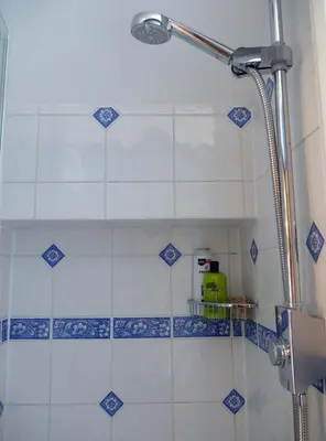 a shower in a bathroom with blue and white tiles at One Pelham Grove Bed & Breakfast in Stocking Pelham