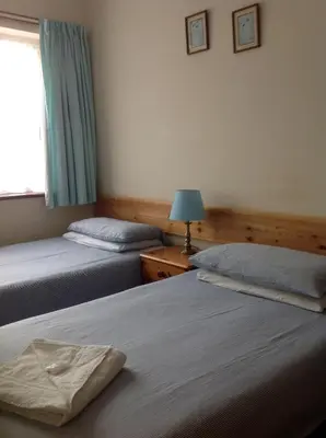 a bedroom with two beds and a lamp and a window at Carlton Lodge in Cambridge
