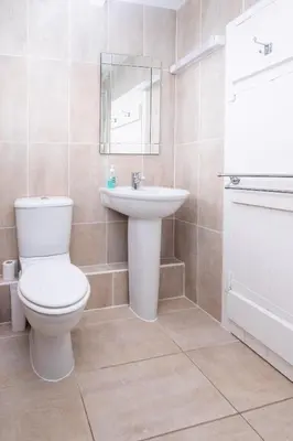 a bathroom with a toilet and a sink at Puddleduck Cottage in Aldeburgh