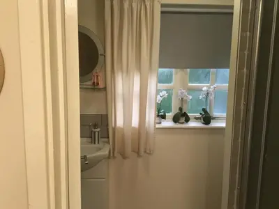 a bathroom with a sink and a window with flowers at Ivy Todd cottage in Debden