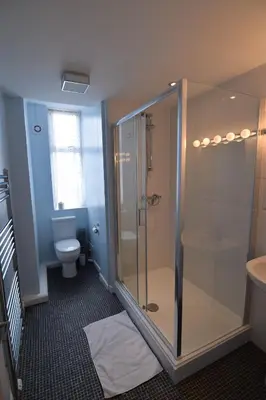 a bathroom with a shower and a toilet at Castle Lodge in Ely