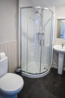 a bathroom with a shower and a toilet and a sink at The Oyster Smack in Burnham on Crouch