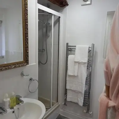 a bathroom with a shower and a sink and a mirror at The Abbey Hotel & Apartments in Bury Saint Edmunds
