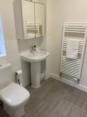 a white bathroom with a toilet and a sink at Stansted Coach House - Apartment Hotel in Elsenham
