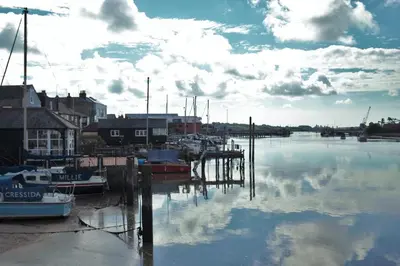 a marina with boats docked in the water at Cosy Cottage Fireplace Patio Pet Train Stn in Wivenhoe