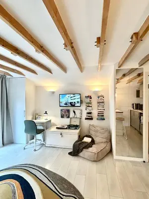 a room with a bed and a desk and a tv at Modern self contained tiny home with patio in Loughton