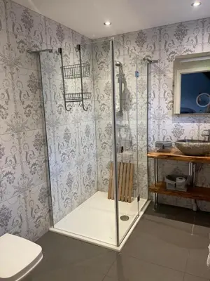 a bathroom with a shower and a toilet at The British Queen, Meldreth in Meldreth