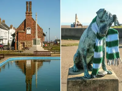 a statue of a dog wearing a scarf next to a pool at Pinky Cottage in Aldeburgh