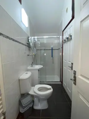 a white bathroom with a toilet and a shower at Low Farm Cottages in Woodbridge
