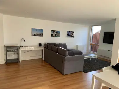a living room with a couch and a television at Toothbrush Apartments - Ipswich Waterfront - Quayside in Ipswich