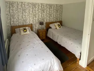 two twin beds in a room with at Honey Cottage in Friston