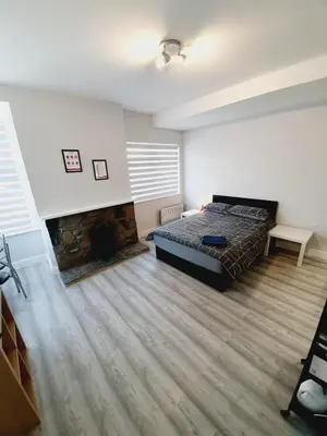 a bedroom with a bed and a fireplace at Southend on Sea - Westcliff Studios - Great Location in Southend-on-Sea