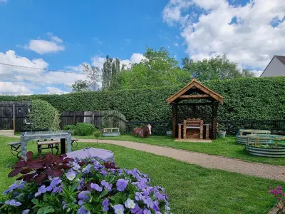 a gazebo in a yard with a horse in the background at Mac Shack Cottage - Uk32376 in Ovington