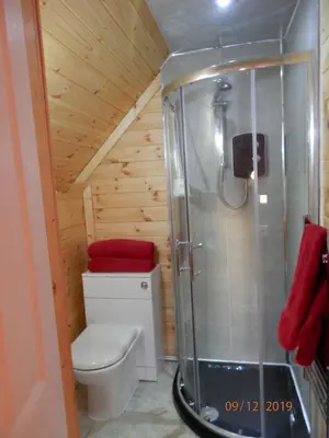 a bathroom with a toilet and a shower at Hatters Meadows Glamping in Ely