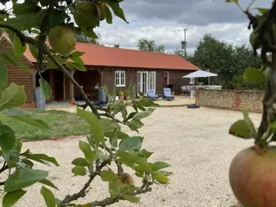 a house with a yard with a building at Walnut Tree Cottage Barn in Toppesfield