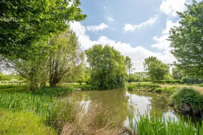 a river in a field with trees and grass at East Green Farm Cottages - The Granary in Saxmundham