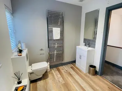 a bathroom with a toilet and a sink at Warren Lodge in Little Baddow